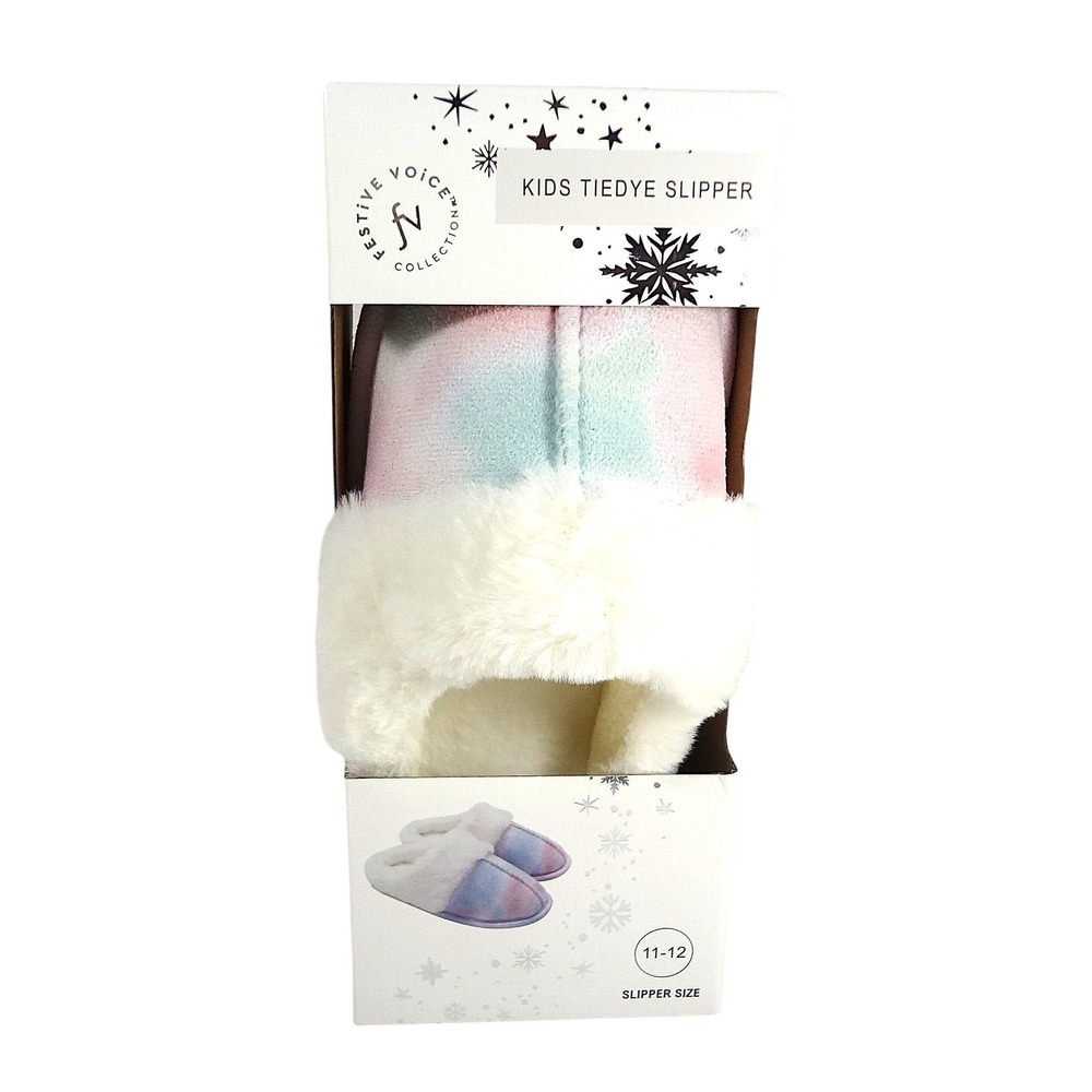 Festive Voice Kids Tie Dye Slippers Pastel Memory Foam Faux‎ Fur Size 11-12 NEW